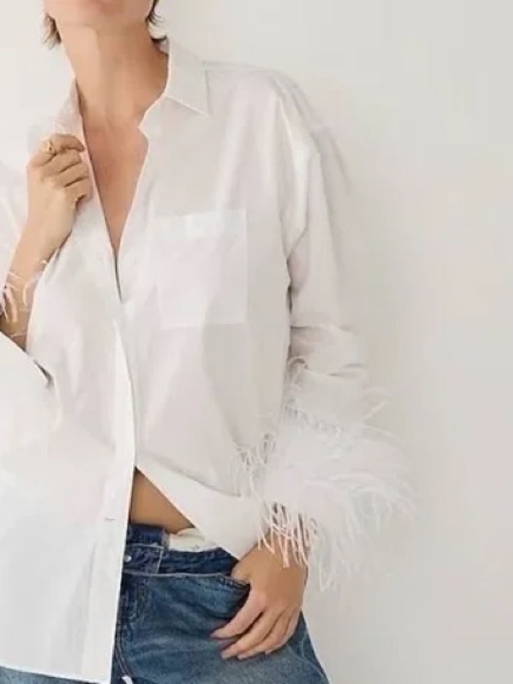 j.Crew white button-down shirt with ostrich feather cups